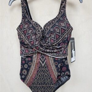 Miraclesuit Black One-Piece Swimsuit with Pink and Gold Print